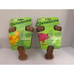 2 Benebone Medium Wishbone Dog Chew Toy Bundle Chicken & Bacon Flavors USA